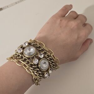 vintage multi chain Braclet Matte Gold Tone Rivoli Crystals Whimsigoth Art Deco